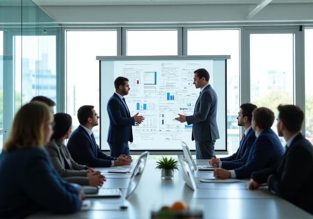 Echipă de consultanți discutând planificarea financiară a unei companii